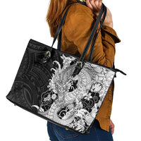 Hawaiian And Japanese Culture Leather Tote Bag Irezumi Dragon With Polynesian Pattern Black - Polynesian Pride
