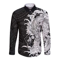 Hawaiian And Japanese Culture Long Sleeve Button Shirt Irezumi Dragon With Polynesian Pattern Black - Polynesian Pride