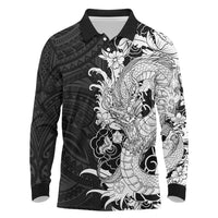 Hawaiian And Japanese Culture Long Sleeve Polo Shirt Irezumi Dragon With Polynesian Pattern Black - Polynesian Pride