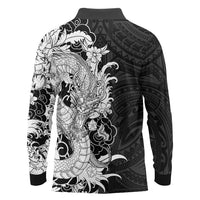 Hawaiian And Japanese Culture Long Sleeve Polo Shirt Irezumi Dragon With Polynesian Pattern Black - Polynesian Pride