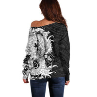 Hawaiian And Japanese Culture Off Shoulder Sweater Irezumi Dragon With Polynesian Pattern Black - Polynesian Pride