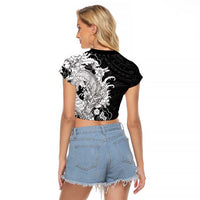 Hawaiian And Japanese Culture Raglan Cropped T Shirt Irezumi Dragon With Polynesian Pattern Black - Polynesian Pride