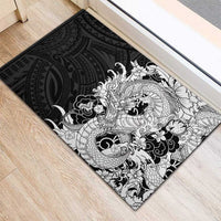 Hawaiian And Japanese Culture Rubber Doormat Irezumi Dragon With Polynesian Pattern Black - Polynesian Pride