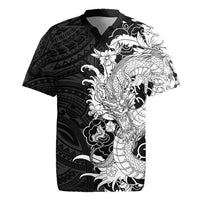Hawaiian And Japanese Culture Rugby Jersey Irezumi Dragon With Polynesian Pattern Black - Polynesian Pride