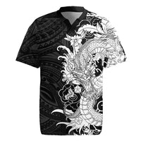 Hawaiian And Japanese Culture Rugby Jersey Irezumi Dragon With Polynesian Pattern Black - Polynesian Pride