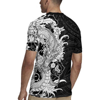 Hawaiian And Japanese Culture Rugby Jersey Irezumi Dragon With Polynesian Pattern Black - Polynesian Pride