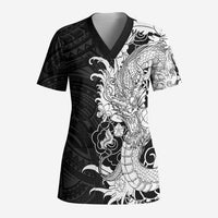 Hawaiian And Japanese Culture Scrub Top Irezumi Dragon With Polynesian Pattern Black - Polynesian Pride