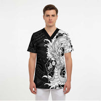 Hawaiian And Japanese Culture Scrub Top Irezumi Dragon With Polynesian Pattern Black - Polynesian Pride