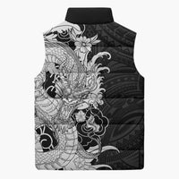 Hawaiian And Japanese Culture Sleeveless Puffer Jacket Irezumi Dragon With Polynesian Pattern Black - Polynesian Pride