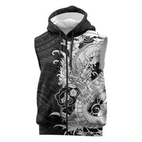 Hawaiian And Japanese Culture Sleeveless Zip Hoodie Irezumi Dragon With Polynesian Pattern Black - Polynesian Pride