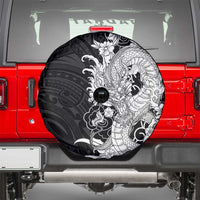 Hawaiian And Japanese Culture Spare Tire Cover Irezumi Dragon With Polynesian Pattern Black - Polynesian Pride