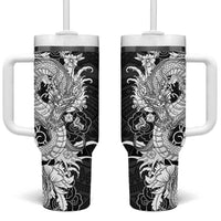 Hawaiian And Japanese Culture Tumbler With Handle Irezumi Dragon With Polynesian Pattern Black - Polynesian Pride