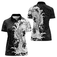 Hawaiian And Japanese Culture Women Polo Shirt Irezumi Dragon With Polynesian Pattern Black - Polynesian Pride