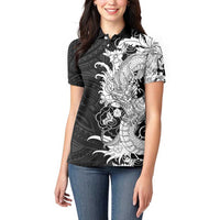 Hawaiian And Japanese Culture Women Polo Shirt Irezumi Dragon With Polynesian Pattern Black - Polynesian Pride