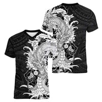 Hawaiian And Japanese Culture Women V-Neck T-Shirt Irezumi Dragon With Polynesian Pattern Black - Polynesian Pride