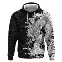 Hawaiian And Japanese Culture Zip Hoodie Irezumi Dragon With Polynesian Pattern Black - Polynesian Pride