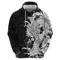 Hawaiian And Japanese Culture Zip Hoodie Irezumi Dragon With Polynesian Pattern Black - Polynesian Pride