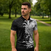 Hawaiian And Japanese Culture Zipper Polo Shirt Irezumi Dragon With Polynesian Pattern Black - Polynesian Pride