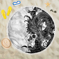 Hawaiian And Japanese Culture Beach Blanket Irezumi Dragon With Polynesian Pattern White - Polynesian Pride