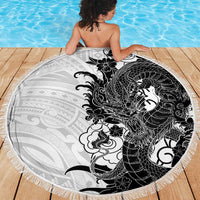 Hawaiian And Japanese Culture Beach Blanket Irezumi Dragon With Polynesian Pattern White - Polynesian Pride