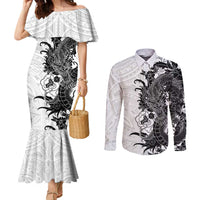 Hawaiian And Japanese Culture Couples Matching Mermaid Dress and Long Sleeve Button Shirt Irezumi Dragon With Polynesian Pattern White - Polynesian Pride