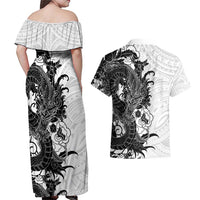 Hawaiian And Japanese Culture Couples Matching Off Shoulder Maxi Dress and Hawaiian Shirt Irezumi Dragon With Polynesian Pattern White - Polynesian Pride