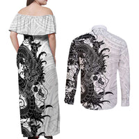 Hawaiian And Japanese Culture Couples Matching Off Shoulder Maxi Dress and Long Sleeve Button Shirt Irezumi Dragon With Polynesian Pattern White - Polynesian Pride