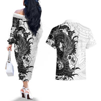 Hawaiian And Japanese Culture Couples Matching Off The Shoulder Long Sleeve Dress and Hawaiian Shirt Irezumi Dragon With Polynesian Pattern White - Polynesian Pride