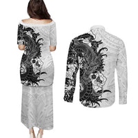 Hawaiian And Japanese Culture Couples Matching Puletasi and Long Sleeve Button Shirt Irezumi Dragon With Polynesian Pattern White - Polynesian Pride
