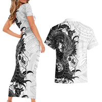 Hawaiian And Japanese Culture Couples Matching Short Sleeve Bodycon Dress and Hawaiian Shirt Irezumi Dragon With Polynesian Pattern White - Polynesian Pride
