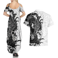 Hawaiian And Japanese Culture Couples Matching Summer Maxi Dress and Hawaiian Shirt Irezumi Dragon With Polynesian Pattern White - Polynesian Pride