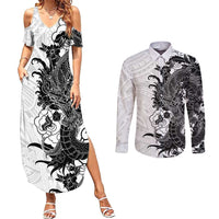 Hawaiian And Japanese Culture Couples Matching Summer Maxi Dress and Long Sleeve Button Shirt Irezumi Dragon With Polynesian Pattern White - Polynesian Pride
