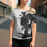 Hawaiian And Japanese Culture Cross Shoulder Shirt Irezumi Dragon With Polynesian Pattern White - Polynesian Pride