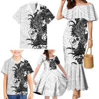 Hawaiian And Japanese Culture Family Matching Mermaid Dress and Hawaiian Shirt Irezumi Dragon With Polynesian Pattern White - Polynesian Pride