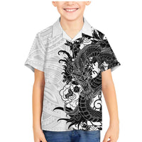 Hawaiian And Japanese Culture Family Matching Mermaid Dress and Hawaiian Shirt Irezumi Dragon With Polynesian Pattern White - Polynesian Pride