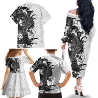 Hawaiian And Japanese Culture Family Matching Off The Shoulder Long Sleeve Dress and Hawaiian Shirt Irezumi Dragon With Polynesian Pattern White - Polynesian Pride