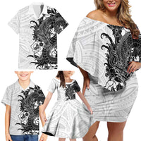 Hawaiian And Japanese Culture Family Matching Off Shoulder Short Dress and Hawaiian Shirt Irezumi Dragon With Polynesian Pattern White - Polynesian Pride