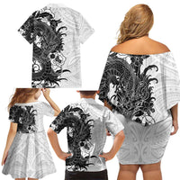 Hawaiian And Japanese Culture Family Matching Off Shoulder Short Dress and Hawaiian Shirt Irezumi Dragon With Polynesian Pattern White - Polynesian Pride