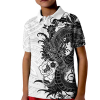 Hawaiian And Japanese Culture Kid Polo Shirt Irezumi Dragon With Polynesian Pattern White - Polynesian Pride