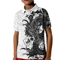 Hawaiian And Japanese Culture Kid Polo Shirt Irezumi Dragon With Polynesian Pattern White - Polynesian Pride