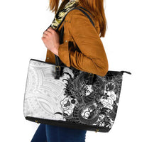 Hawaiian And Japanese Culture Leather Tote Bag Irezumi Dragon With Polynesian Pattern White - Polynesian Pride