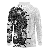 Hawaiian And Japanese Culture Long Sleeve Polo Shirt Irezumi Dragon With Polynesian Pattern White - Polynesian Pride