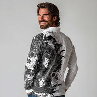 Hawaiian And Japanese Culture Long Sleeve Polo Shirt Irezumi Dragon With Polynesian Pattern White - Polynesian Pride