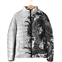 Hawaiian And Japanese Culture Padded Jacket Irezumi Dragon With Polynesian Pattern White - Polynesian Pride