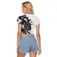 Hawaiian And Japanese Culture Raglan Cropped T Shirt Irezumi Dragon With Polynesian Pattern White - Polynesian Pride
