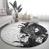 Hawaiian And Japanese Culture Round Carpet Irezumi Dragon With Polynesian Pattern White - Polynesian Pride
