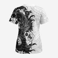 Hawaiian And Japanese Culture Scrub Top Irezumi Dragon With Polynesian Pattern White - Polynesian Pride