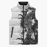 Hawaiian And Japanese Culture Sleeveless Puffer Jacket Irezumi Dragon With Polynesian Pattern White - Polynesian Pride
