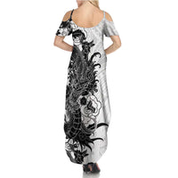 Hawaiian And Japanese Culture Summer Maxi Dress Irezumi Dragon With Polynesian Pattern White LT05 - Polynesian Pride