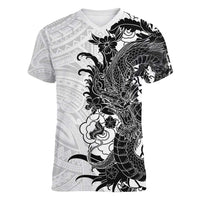 Hawaiian And Japanese Culture Women V-Neck T-Shirt Irezumi Dragon With Polynesian Pattern White - Polynesian Pride